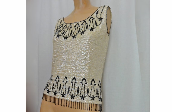 Vintage 1950s Beaded Sweater Shell/Fringed Cream … - image 3