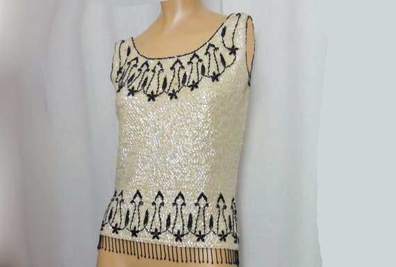 Vintage 1950s Beaded Sweater Shell/Fringed Cream … - image 2