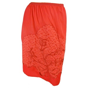 Vintage 1960s Half Slip Red Nylon Floral Applique Lacy Lingerie Bombshell Lingerie