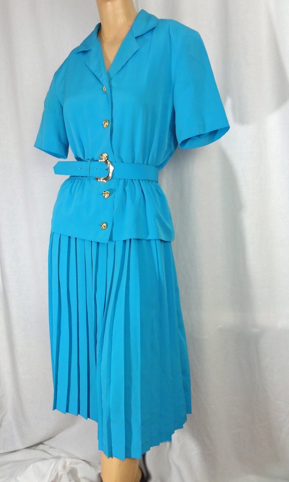 Vintage 1980s Dress Sky Blue Pleated Skirt Gold B… - image 2