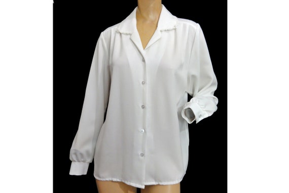 Vintage 1970s Blouse White Lacy Secretary Shirt V… - image 2