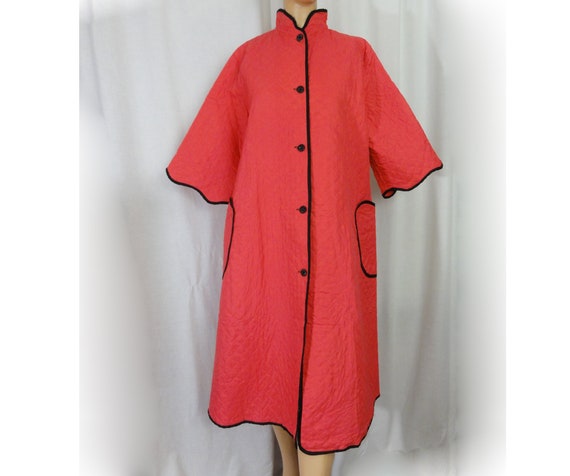 Vintage 1950s Quilted Robe Deep Salmon Pink Cotto… - image 2