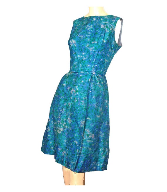 Vintage 1960s Dress Blue and Green Abstract Print Silk Sleeveless Summer Frock