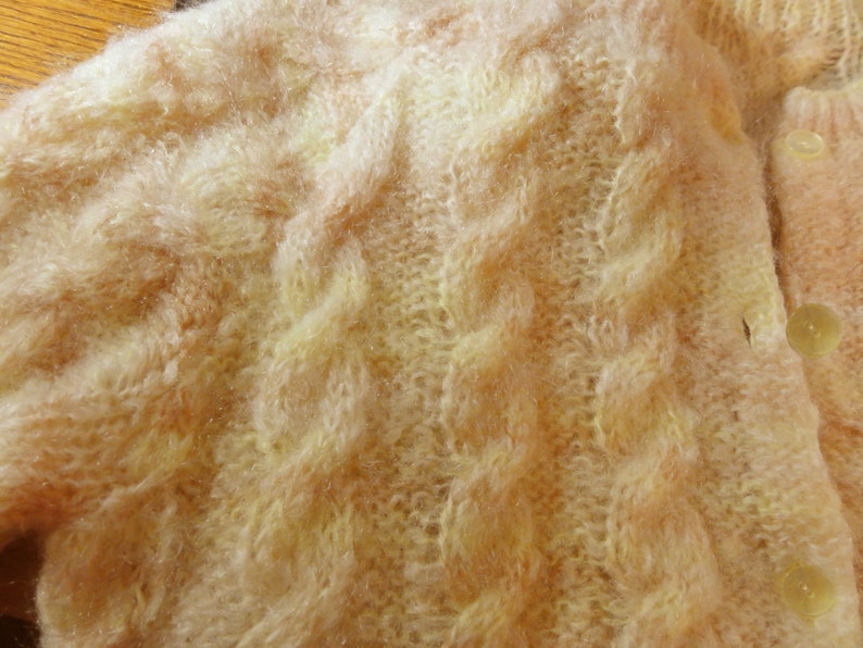 Vintage Mohair Cardigan 1980s Sweater Cropped Pastel Yellow and Pink Chunky Knit image 5