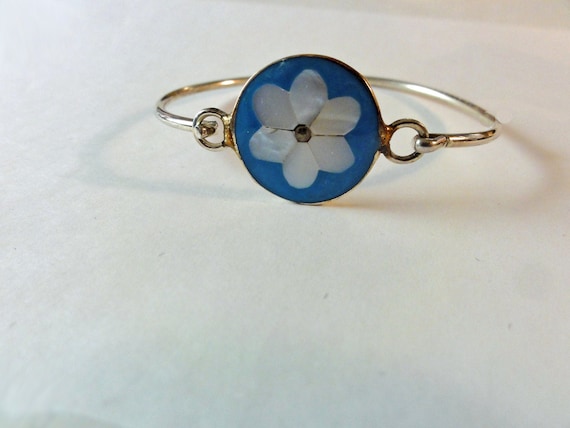 Vintage Bracelet Blue Enamel MOP Daisy Flower Boh… - image 1