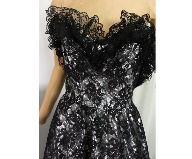 1980s Prom Black Lace and Silver Lame Party Dress Strapless Cocktail Gown image 4