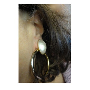 Vintage 1980s Dramatic Large Earrings Gold Tone Faux Pearl Door Knocker Clip Ons
