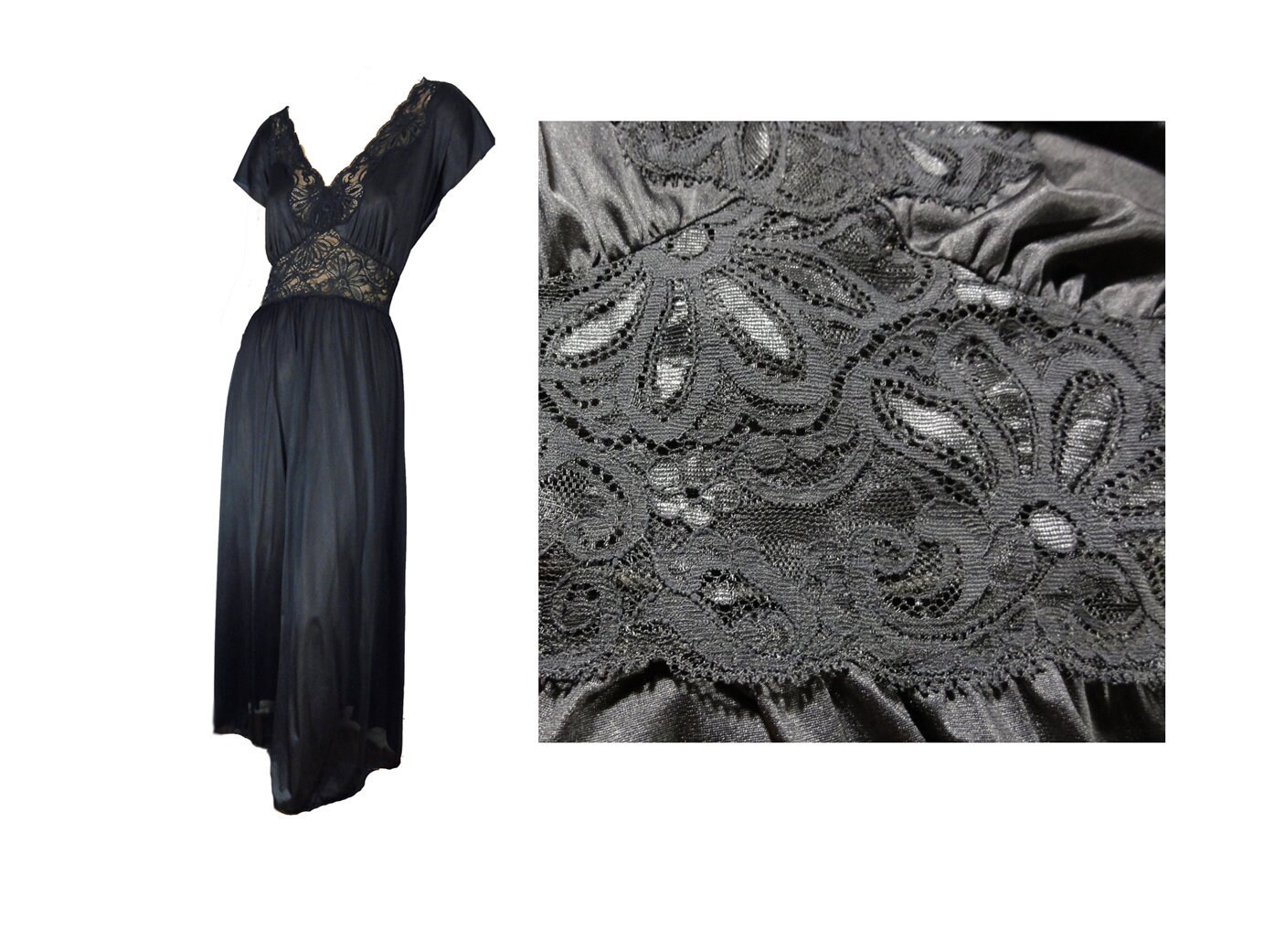 Vintage Night Gown Plus Size Xl Xxl Black Floor Length Lacy Nightgown Semi Sheer Full Sweep Shadowline