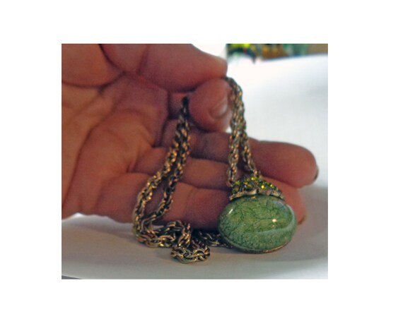 Vintage Choker Pendant Necklace Green Oval Caboch… - image 3