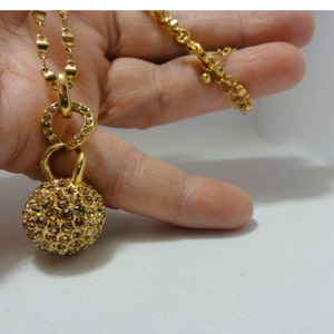 Rhinestone Ball Pendant Necklace Gold Tone with Fancy Chain Sparkly Costume Jewelry
