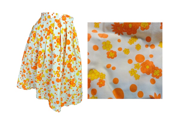 Vintage 60s Skirt Orange Daisy Print Cotton Pleate