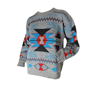 Vintage Sweater Aztec Western Design Gray Acrylic 40 Chest Men&#39;s Panhandle Slim