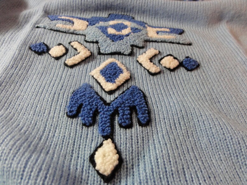 Vintage Blue 70s Sweater Aztec Design Long Tunic Pullover with Belt Acrylic Size Small