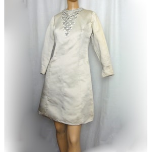 Mod 1960s Cocktail Party Mini Dress A Line Off White Evening Gown Beaded, Rhinestones &quot;Jack Bryan&quot;