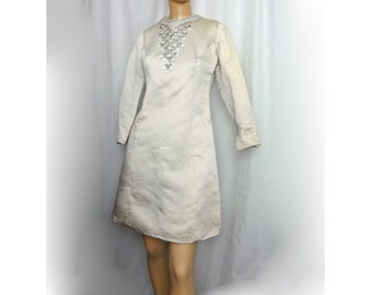 Mod 1960s Cocktail Party Mini Dress A Line Off White Evening Gown Beaded, Rhinestones "Jack Bryan"