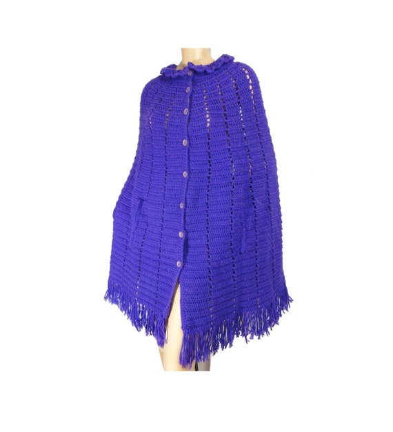 Vintage 1970s Purple Knit Poncho Cardigan Cape Fr… - image 1