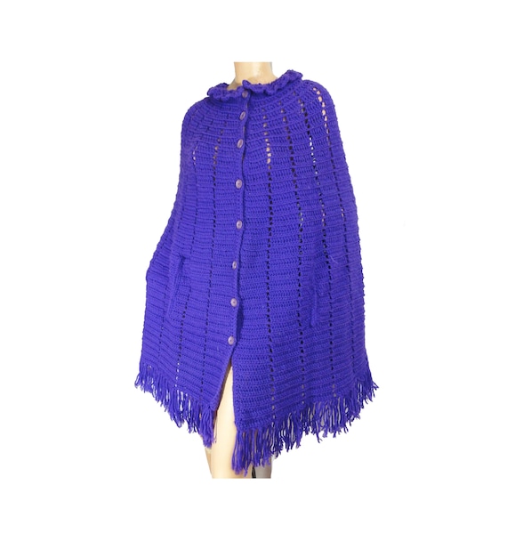 Vintage Boho Hippie 70s Poncho Sweater Fringed Cape Purple Button Front Ooak Hand Knit Buttons