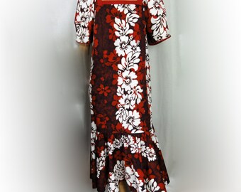 Vintage Hawaiian Muu Muu Maxi Dress Ruffled Brown Cotton Sun