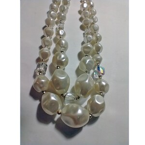 Vintage 1950s Necklace Chunky White Beads with Clear Glass Beads Double Strand Choker Marked Japan