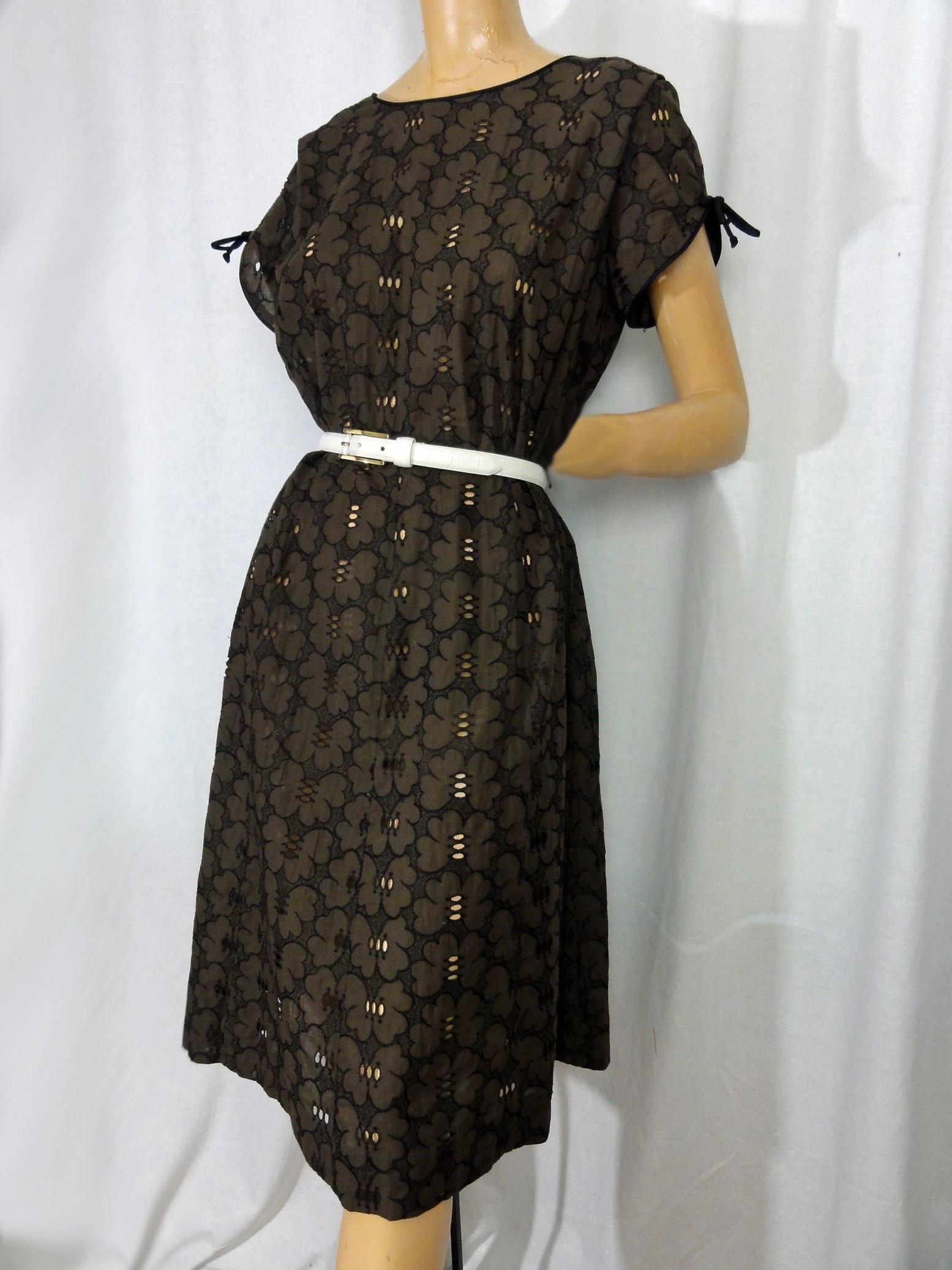 Vintage 60s Dress Brown and Black Sheer Eyelet Lace Fit and - Etsy