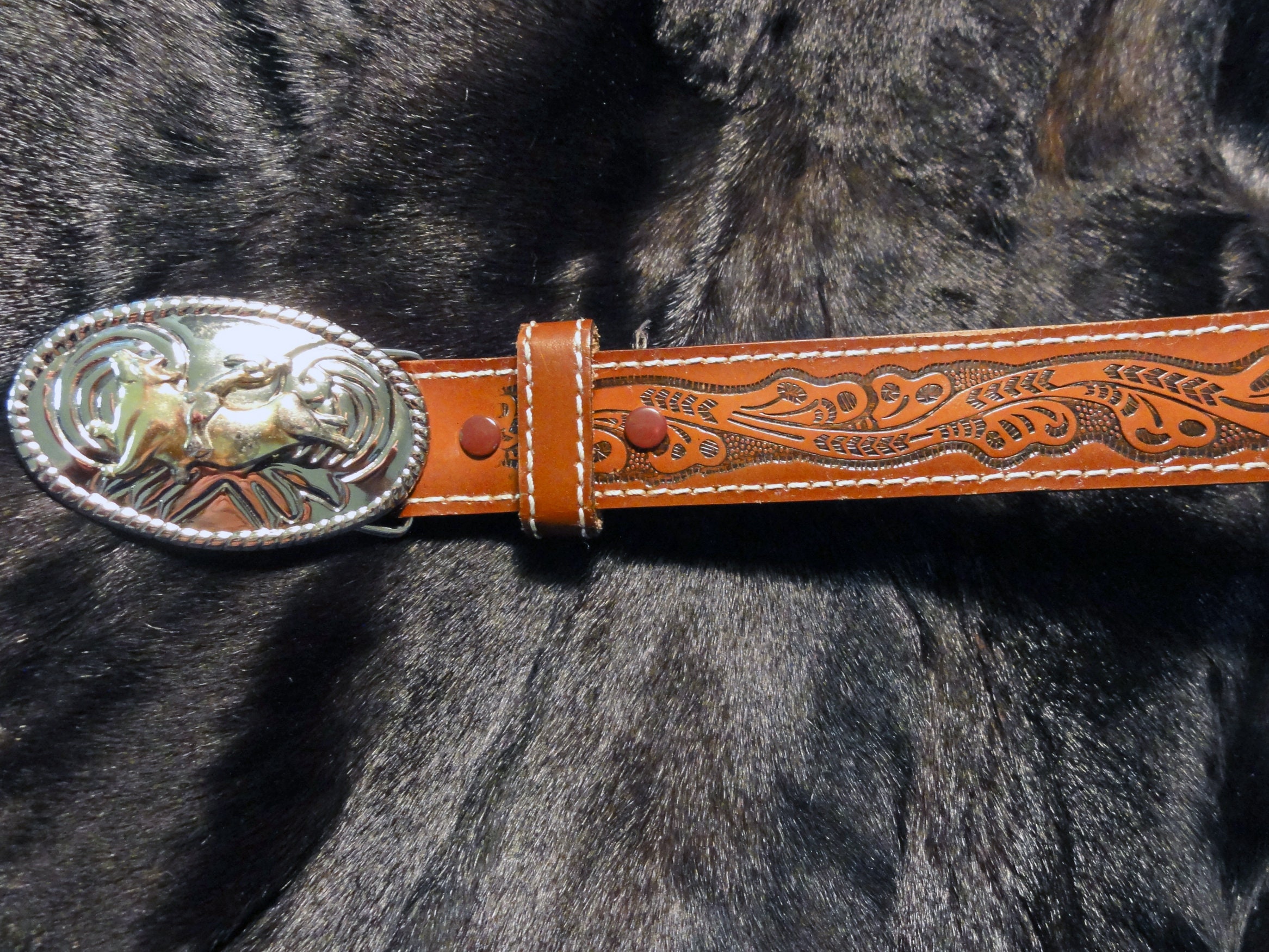 1979 Tex Tan Leather Belt with Nocona bull rider buckle Nocona Hand Tooled Western Belt Tan N2496808 - Chester Boot Shop main image 2