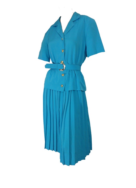 Vintage 1980s Dress Sky Blue Pleated Skirt Gold B… - image 10