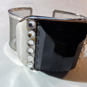 Vintage Cuff Bracelet Deadstock Silver Tone Mesh Faux Black Onyx with Rhinestones Butler Fifth Avenue Collection