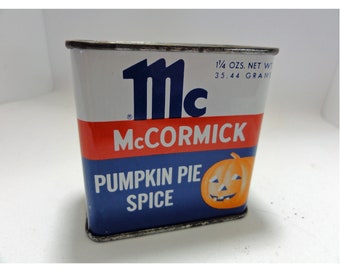 Vintage 1950s Pumpkin Pie Jack O Lantern Spice Tin McCormick Halloween Kitchen Decor with Recipe