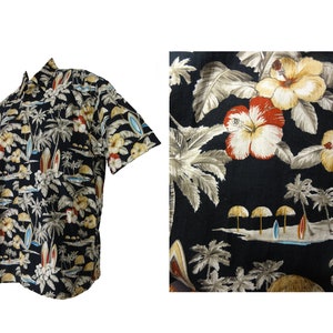 May include: A black short-sleeved shirt with a tropical print featuring palm trees, flowers, and surfboards.