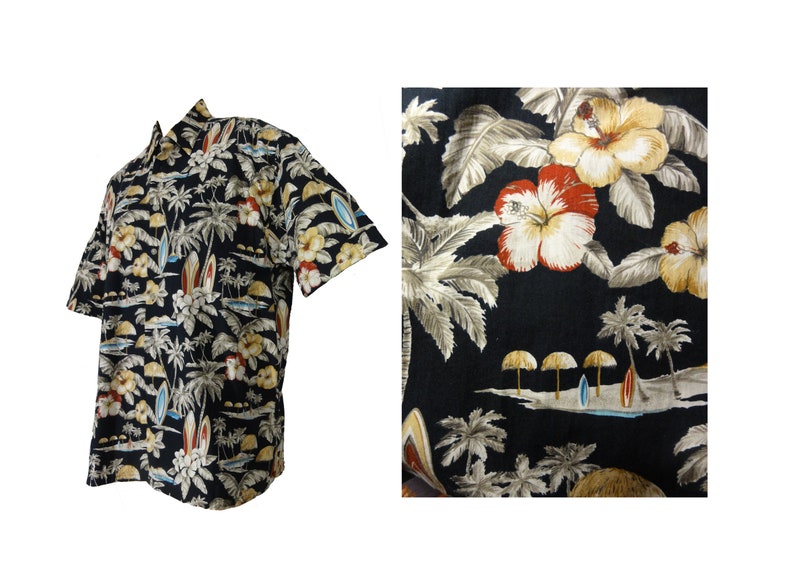 May include: A black short-sleeved shirt with a tropical print featuring palm trees, flowers, and surfboards.