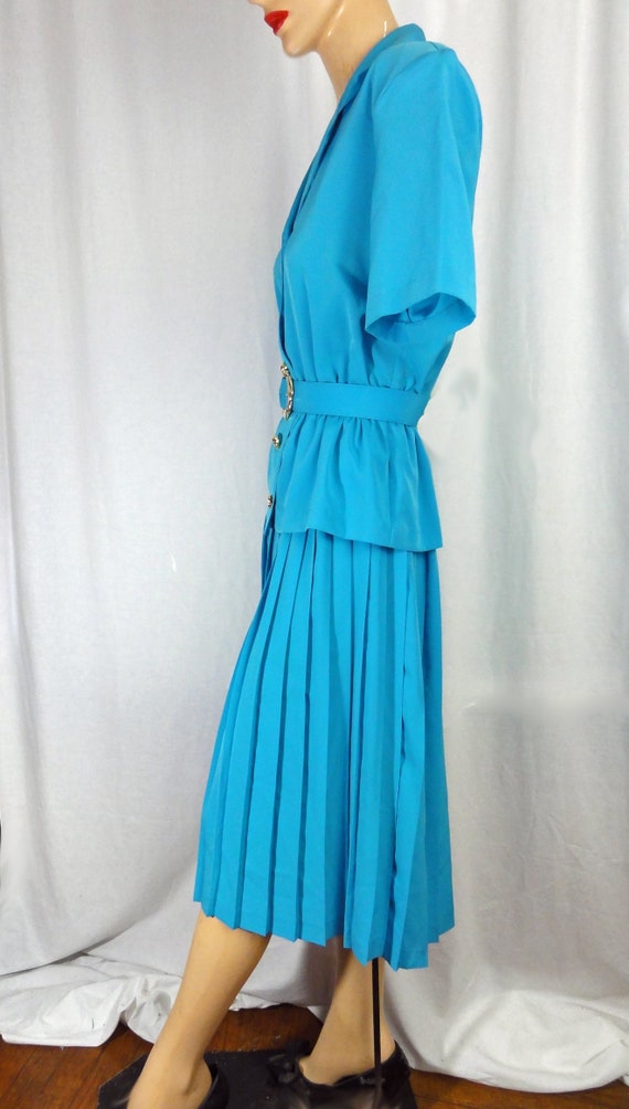 Vintage 1980s Dress Sky Blue Pleated Skirt Gold B… - image 5