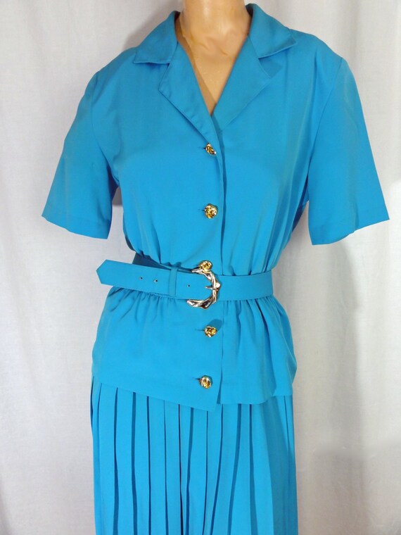 Vintage 1980s Dress Sky Blue Pleated Skirt Gold B… - image 4