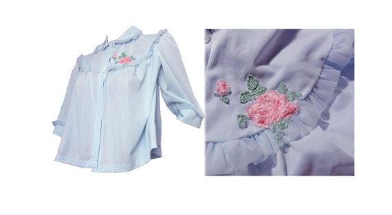 Vintage 1950s Bedjacket Baby Blue Ruffles and Ros… - image 1