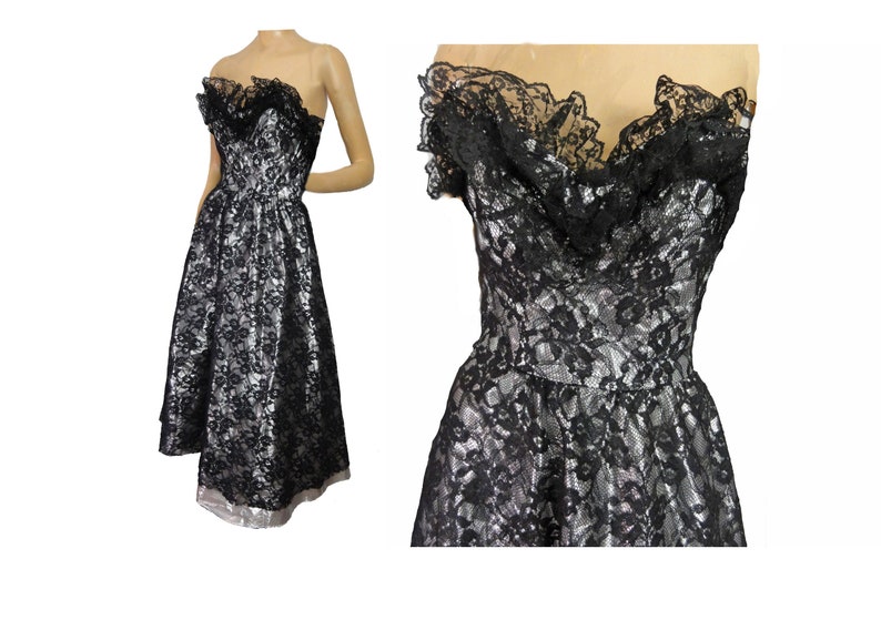 1980s Prom Black Lace and Silver Lame Party Dress Strapless Cocktail Gown image 1