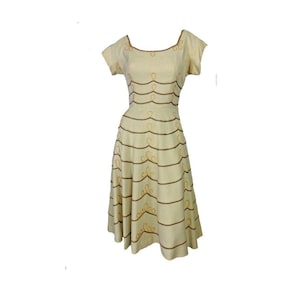 Vintage 1950s Dress Beige Fit and Flare Scroll Braid Trim An Original Bernetti