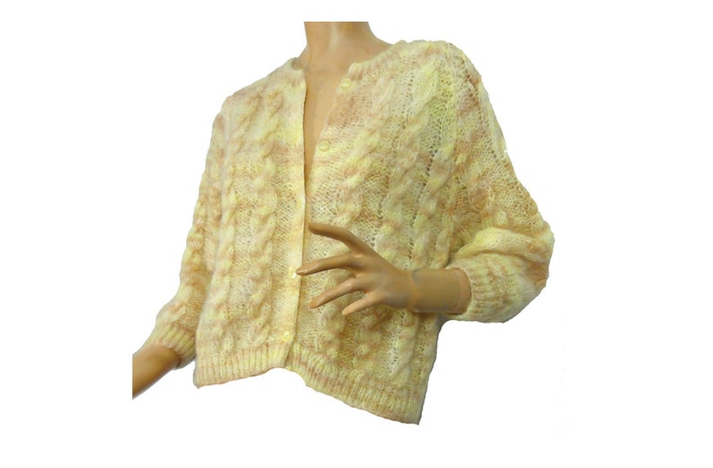 Vintage Mohair Cardigan 1980s Sweater Cropped Pastel Yellow and Pink Chunky Knit image 1