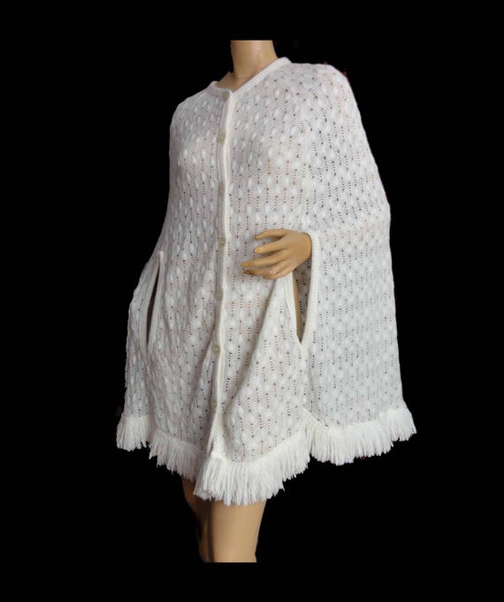 Vintage White 1970s Cape Sweater Knit Fringed Pon… - image 9