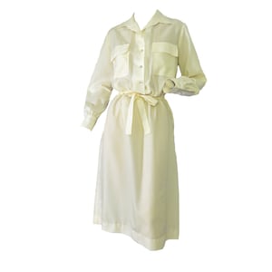 Vintage 1970s Dress Pale Yellow Belted Shirtdress Convertible Short to Long Sleeves