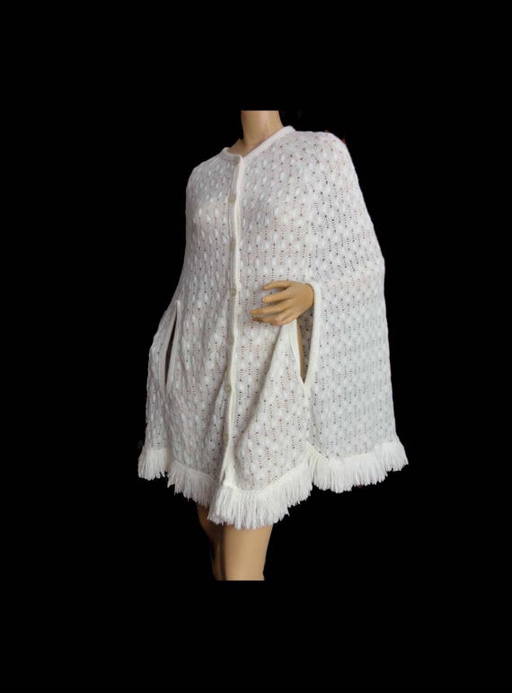 Vintage White 1970s Cape Sweater Knit Fringed Pon… - image 1