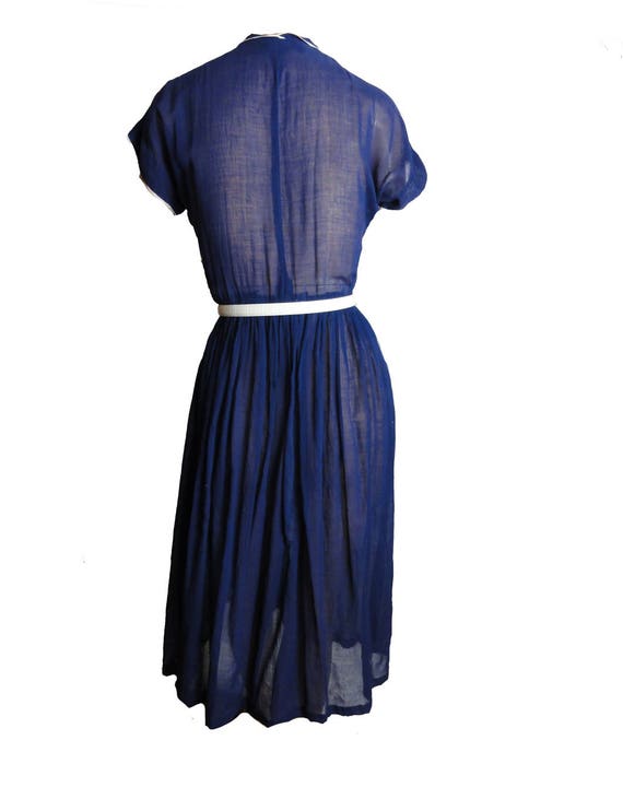 Vintage 1940s Shirtwaist Sheer Navy Blue with Whi… - image 8