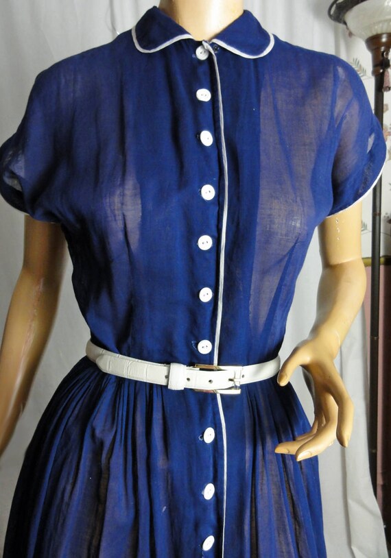 Vintage 1940s Shirtwaist Sheer Navy Blue with Whi… - image 4