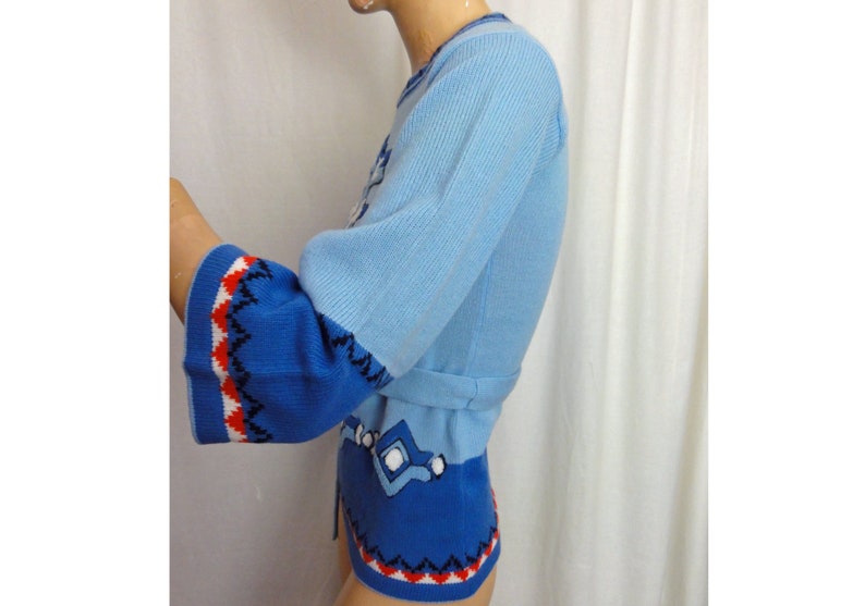 Vintage Blue 70s Sweater Aztec Design Long Tunic Pullover with Belt Acrylic Size Small