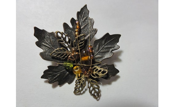 Vintage Autumn Leaf Brooch Copper Tone & Wired on… - image 1