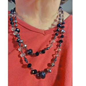 Vintage Long Necklace Flapper Style Faceted Glass Black and Clear Crystal Beads on Chain 48&quot;