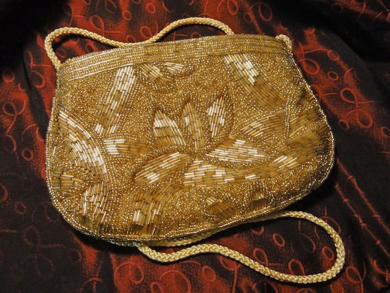 Gold Beaded 1980s Vintage Handbag Evening Purse S… - image 1