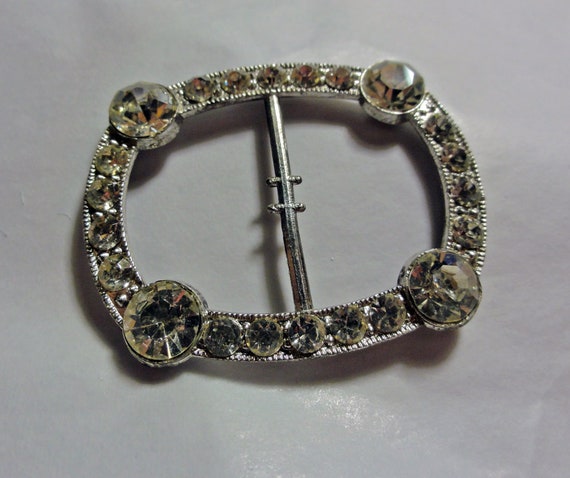 Vintage 1950s Clear Rhinestone Oval Belt Buckle S… - image 1