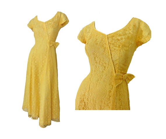 Vintage 40s Formal Yellow Lace Prom Ball Gown Bow