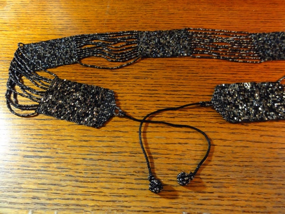 Antique Beaded Jet Belt: Edwardian Iridescent Black Sash, 47  display picture 2