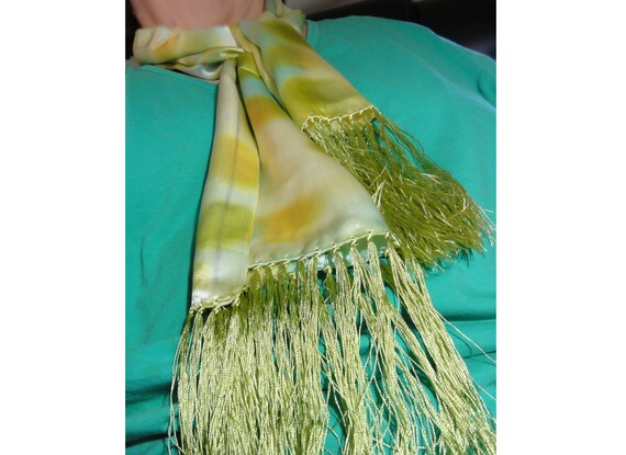 Vintage Mod 1960s Fringed Silk Scarf Lime Green G… - image 3