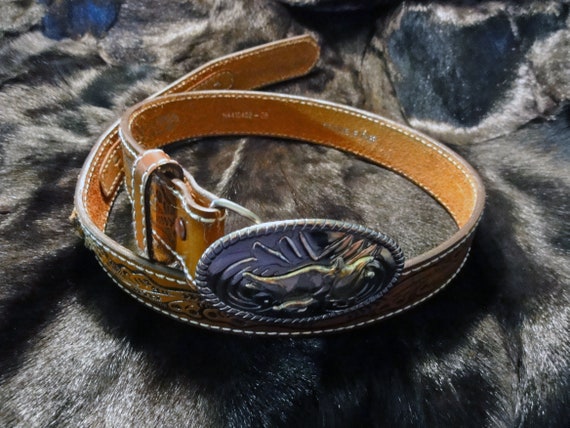 Vintage Nocona Tooled Leather Belt Bull Riding Cowboy Buckle  display picture 1